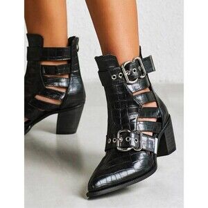 Women Ankle Boot Block Chunky Heel Double Buckle Strap Pointy Toe Retro SZ8.5